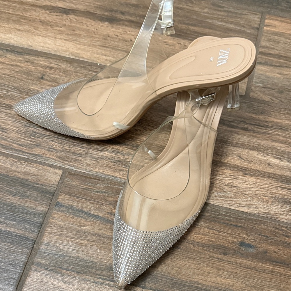 Zara Clear and Silver Pointed-Toe Heels